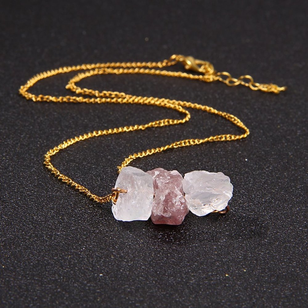 Natural Raw Cut Purple Amethyst and Clear Quartz Stone Pendant Gold Necklace
